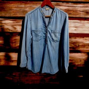Chicos Chambray Denim Tunic 2 Large Long Sleeve  Blue Lyocell Shirt